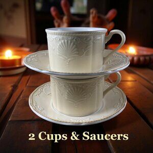 Mikasa “South Hampton Beige” – 2 Cups & Saucers Shell Rope Nautical Coastal De